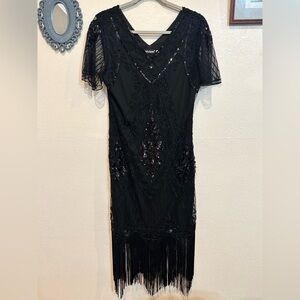 Black Embellished Tiered Midi Dress